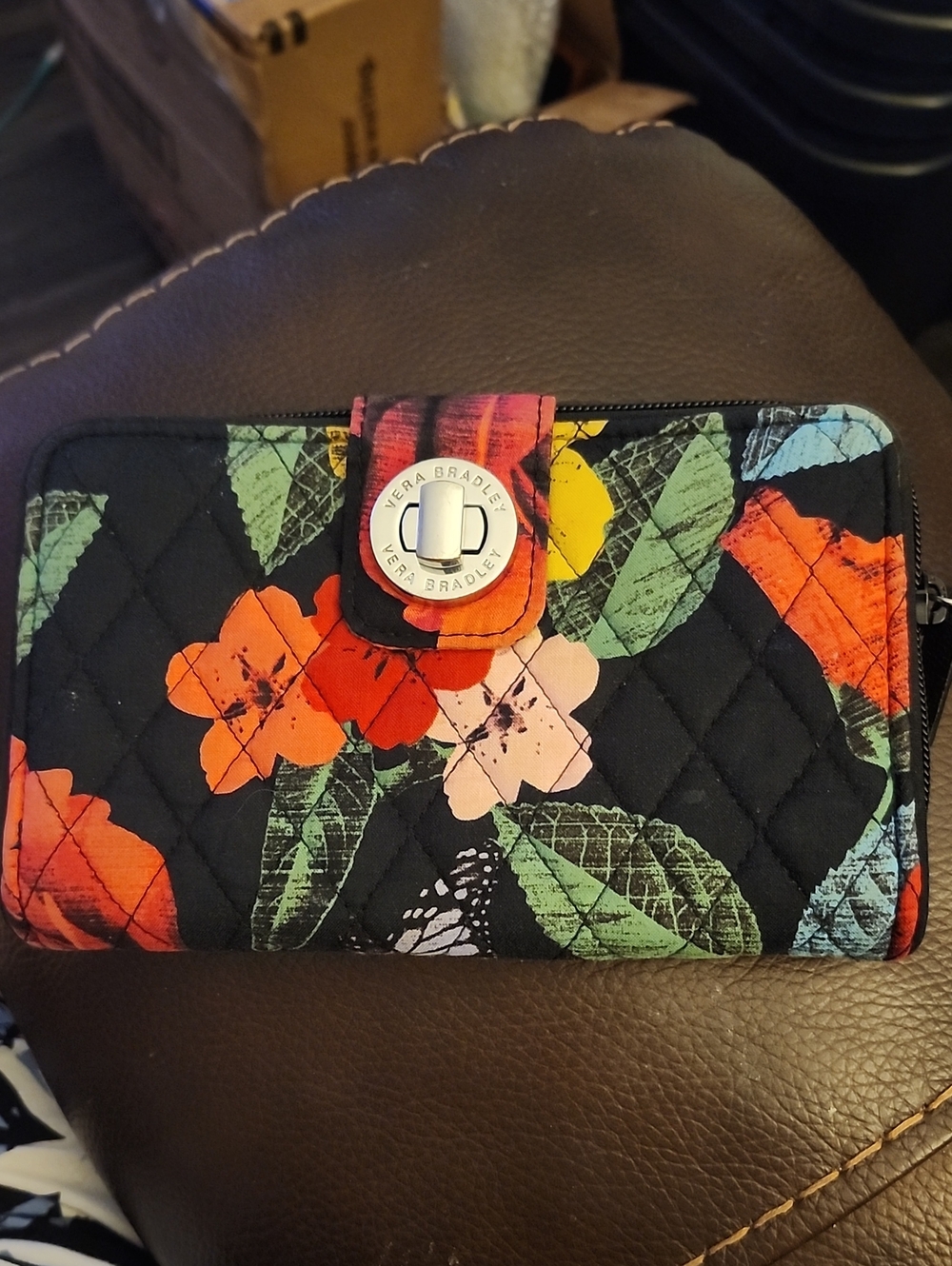 Vera Bradley Black Quilted Wallet with Red, Orange, Pink & Green Floral Accents